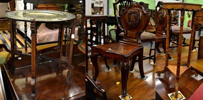 Lot 1353 - Victorian mahogany hall chair; oak plant pedestal, brass tray on folding stand and another...