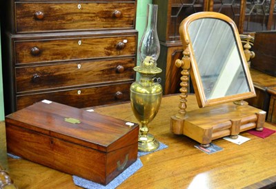 Lot 1368 - A 19th century mahogany writing slope, Victorian mahogany dressing table mirror and an oil lamp