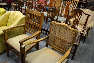 Lot 1384 - An oak chair, a set of four oak dining chairs, a 19th century oak commode chair (converted), a...