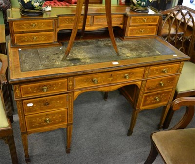 Lot 1479 - An inlaid mahogany leather inset writing desk, the brass galleried superstructure fitted with...