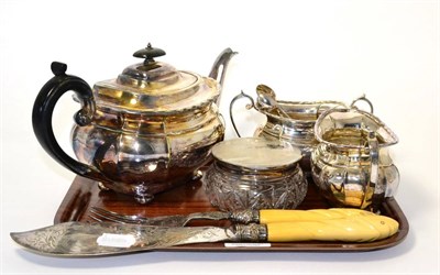 Lot 5 - Pair of Victorian ivory handled fish servers, a three piece silver plated tea service and a...
