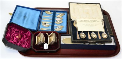 Lot 12 - Two sets of six silver tea spoons, pair of cased silver salts, teaspoons, pickle fork etc