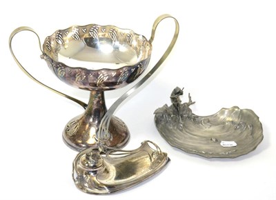 Lot 37 - A WMF twin handled comport, WMF inkstand shape 229 and a pewter disk cast with a frog by...