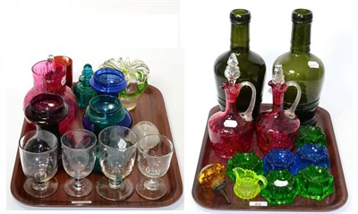 Lot 62 - Assorted coloured and other glassware, including cranberry claret jugs, furniture stands,...