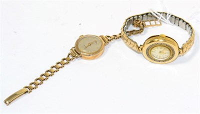 Lot 79 - An 18ct gold cased wrist watch with enamel case, and a 9ct gold cased wrist watch on 9ct gold...