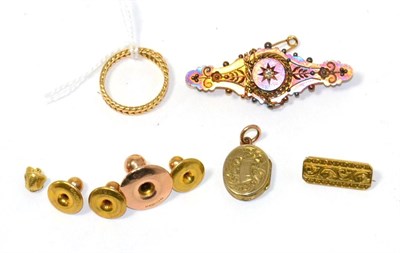 Lot 80 - A ring stamped 18ct, a brooch, a diamond set brooch and four 9ct gold dress studs