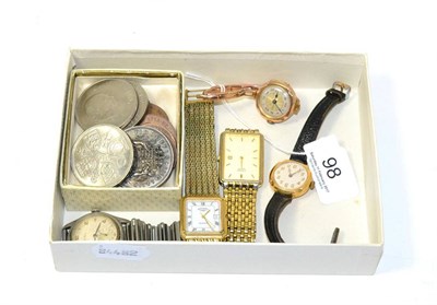 Lot 98 - A lady's 18ct gold wristwatch, lady's 9ct gold wristwatch, Cyma stainless steel wristwatch, two...