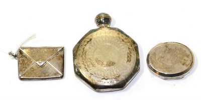 Lot 101 - A silver envelope form stamp case; a silver scent bottle and a pill box
