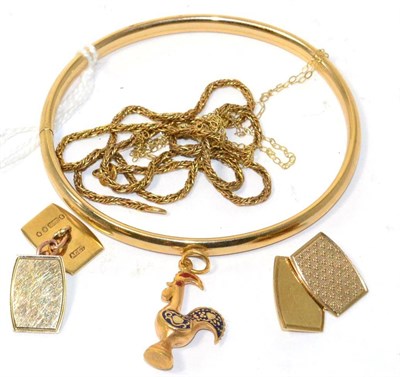 Lot 109 - A pair of 9ct gold double cufflinks, a bangle, a Portuguese cockerel charm and two chains (5)