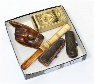 Lot 111 - 19th century treen snuffbox carved as a hand, bone snuffbox, bone apple corer and two cased cheroot