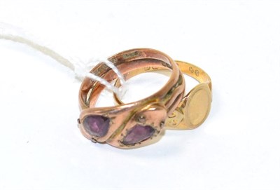 Lot 122 - A garnet set snake ring and a signet ring (2)