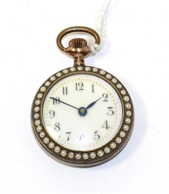 Lot 128 - An enamel and split pearl set fob watch, 1910, cylinder movement, enamel dial with Arabic numerals