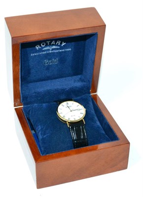 Lot 135 - A 9ct gold centre seconds calendar wristwatch, signed Rotary, Elite, case stamped with...