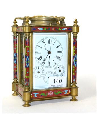 Lot 140 - A reproduction brass enamel striking and repeating calendar alarm centre seconds carriage clock
