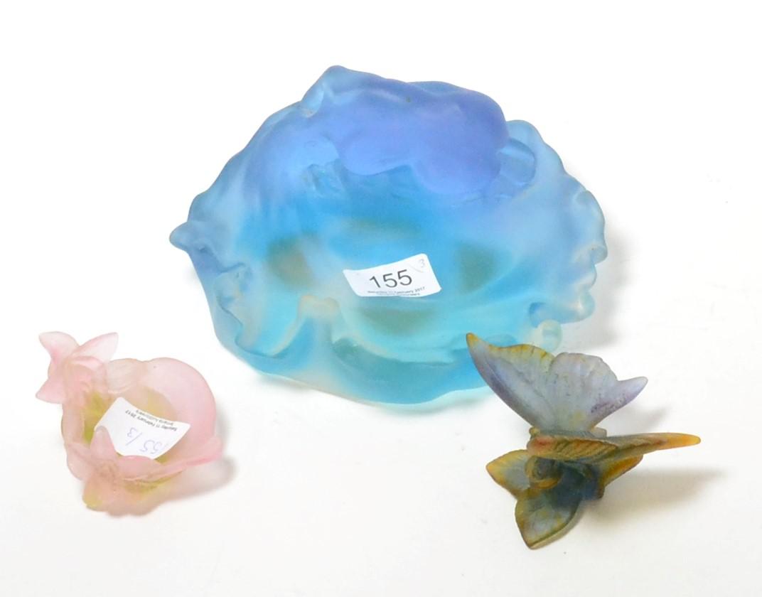 Lot 155 - Three modern Daum pate de verre pieces including a nude on a bowl, butterfly and an orchid dish