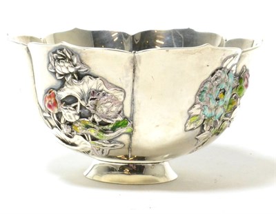 Lot 157 - A Japanese silver and enamel bowl, character marks to base, of lotus form, the exterior applied...