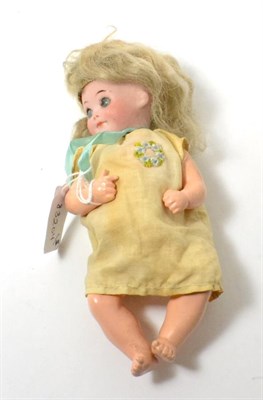 Lot 162 - W & S small bisque socket head doll with blond wig, blue googly eyes, on a bent limb...