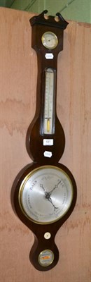 Lot 181 - Mahogany wheel barometer with silvered dial, thermometer, hygrometer and spirit level