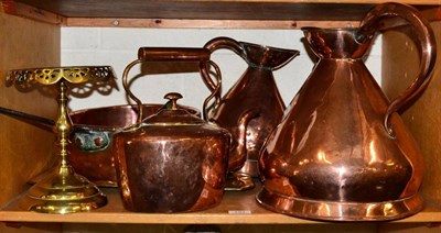 Lot 194 - Two copper jugs, two copper kettles, a brass trivet, a brass pan, a copper pan and an Arts & Crafts