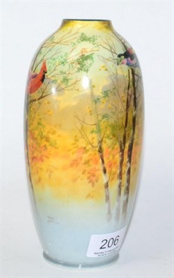 Lot 206 - A Royal Doulton ovoid vase, hand painted with tropical birds by J. Price, 19cm in height