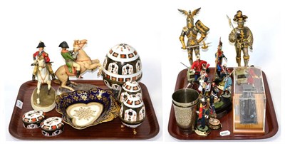 Lot 214 - A group of resin, porcelain, metal and other military figures, imari boxes etc (on two trays)