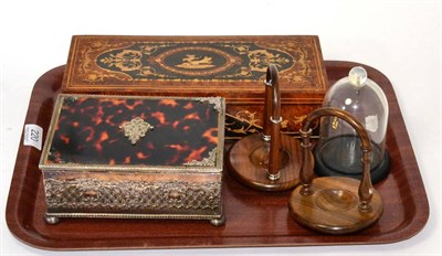 Lot 220 - A 19th century inlaid walnut box, pocket watch stands and various miscellaneous items (one box...