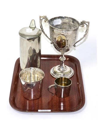 Lot 225 - A Liberty Tudric ewer, Christofle beaker, hunting cup and a plated trophy