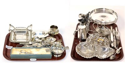 Lot 229 - A pair of knife rests, plated flatware, tazza etc (two trays)