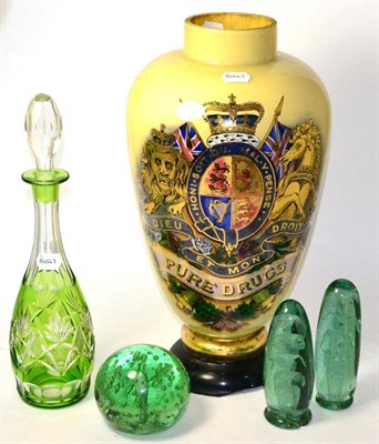 Lot 247 - A large decalmania Victorian lamp base, three Sunderland glass dumps, and a green flash glass...