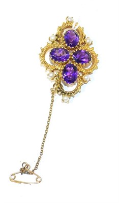 Lot 262 - A 9ct gold amethyst and pearl brooch