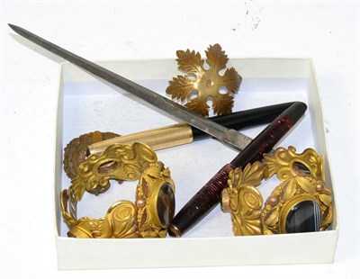 Lot 279 - Two gilt metal bangles set with agates, silver letter opener, two pens etc