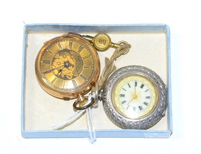 Lot 295 - A lady's fob watch with case stamped '14K' and a lady's fob watch with case stamped '0.935'