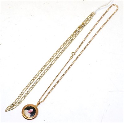 Lot 312 - A 9ct gold locket on a 9ct gold figaro link chain and a 9ct gold figaro link chain, 18.8g gross (2)