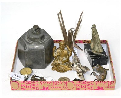 Lot 344 - A white metal brandy warmer; an 18th century pewter tea canister with other items