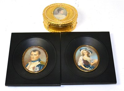 Lot 346 - Two 20th century miniatures and a gilt metal box mounted with a miniature