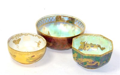 Lot 349 - Wedgwood octagonal dragon lustre bowl Z4831, another Wedgwood lustre bowl Z4827 and a Crown...