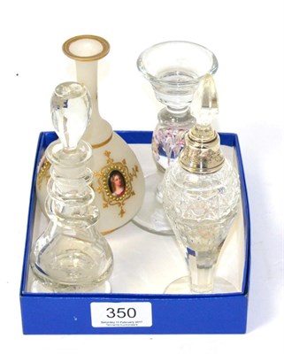 Lot 350 - Etched glass bottle vase, penny lick style ornament and two scent bottles