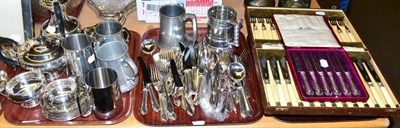 Lot 383 - Silver plated flatware, three piece silver plated Walker & Hall tea service, six cased silver...