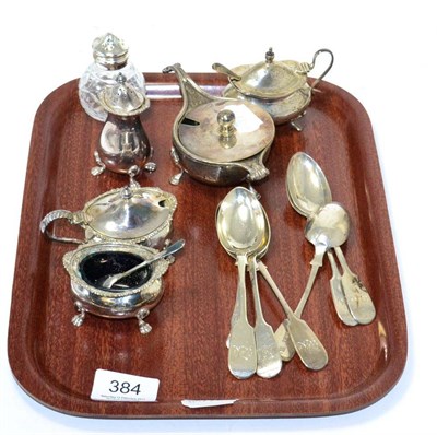 Lot 384 - Silver teaspoons, silver strainer, silver salt with blue glass liner etc