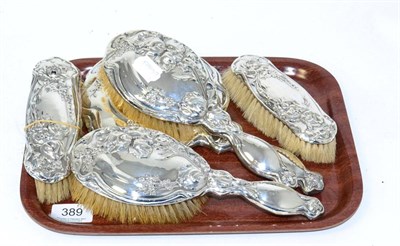 Lot 389 - Five piece silver mounted dressing table set, makers mark WA