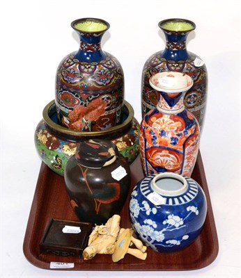 Lot 401 - A miscellaneous collection of Oriental items comprising a pair of cloisonne vases; a cloisonne...