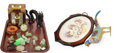 Lot 402 - Oriental items including jade animals, cloisonne exotic bird, patinated metal bird etc