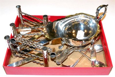 Lot 423 - A silver sauce boat, silver sugar tongs, set of six silver teaspoons, and a matched set of four...