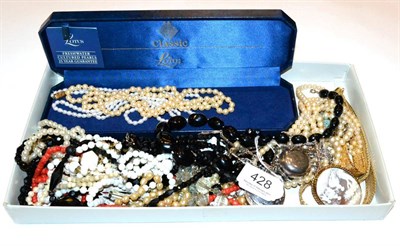 Lot 428 - A silver sovereign case on chain, a perfume bottle on chain and costume jewellery, including...