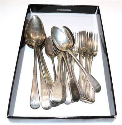 Lot 437 - A set of six silver dessert spoons, London 1840; six silver dessert forks, Thomas Smily, London...