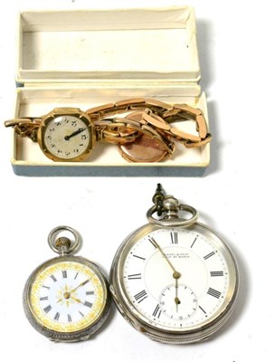 Lot 495 - Two lady's 9ct gold wristwatches; an open faced pocket watch retailed by Kendal & Dent with...