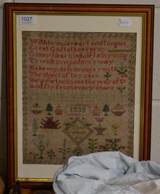 Lot 1027 - 19th century sampler worked by Sarah Ann Geldard 1838, with religious verse to the top, and...