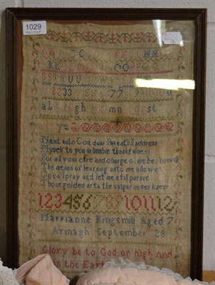 Lot 1029 - 19th century alphabet sampler by Marianne Kingsmill, aged 7, Armagh, with religious verse,...