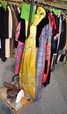 Lot 1031 - 19th century yellow silk brocade dress (numerous alterations), Miss Worth black velvet short...