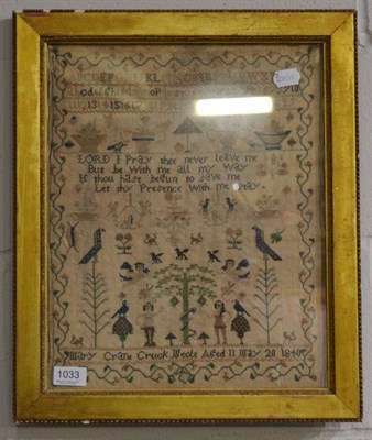 Lot 1033 - 19th century alphabet sampler with Adam and Eve, worked by Mary Crane Cruck, 1840, with...